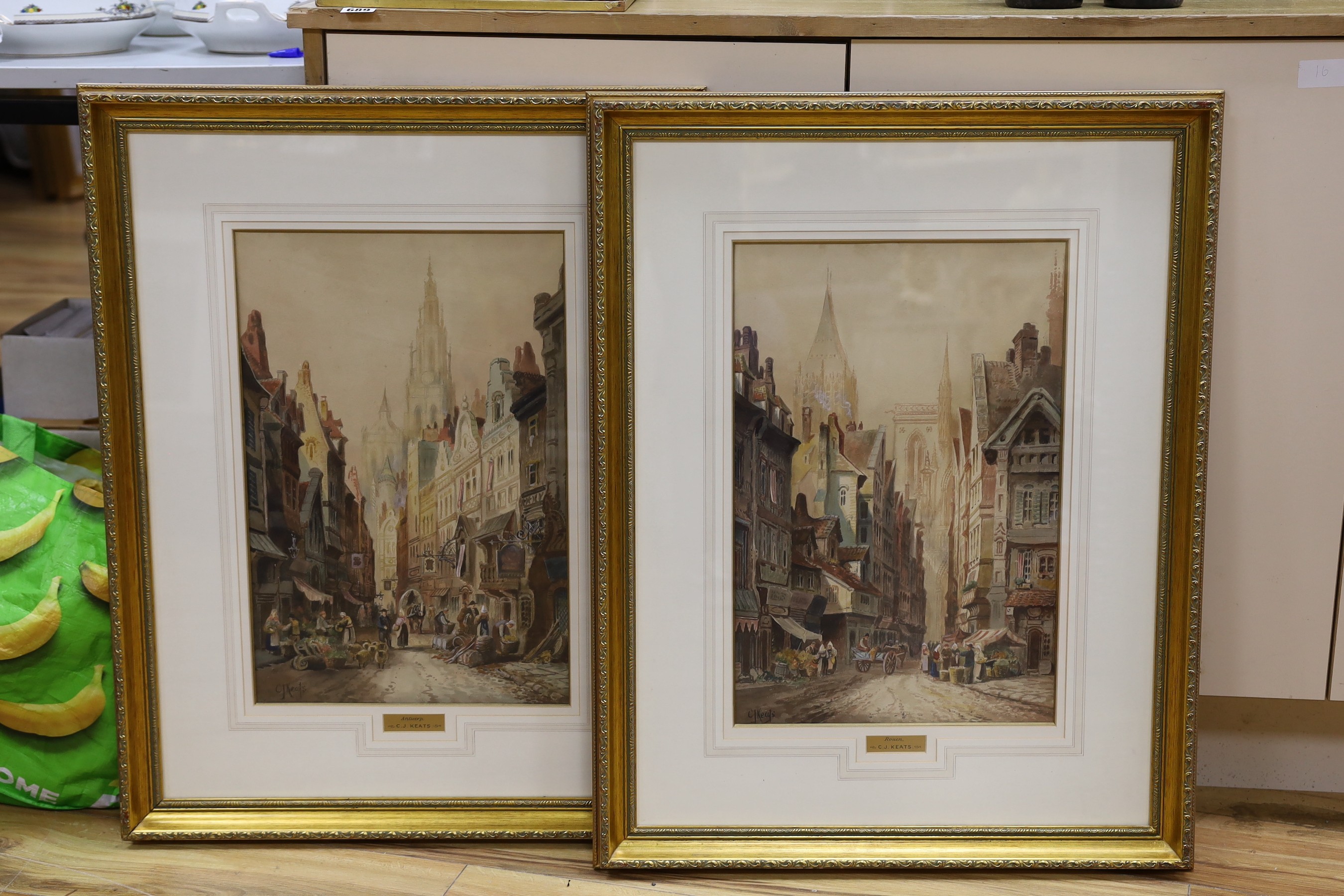 Charles James Keats (19th Century), pair of watercolours, 'Rouen' and 'Antwerp', signed, 48 x 32cm